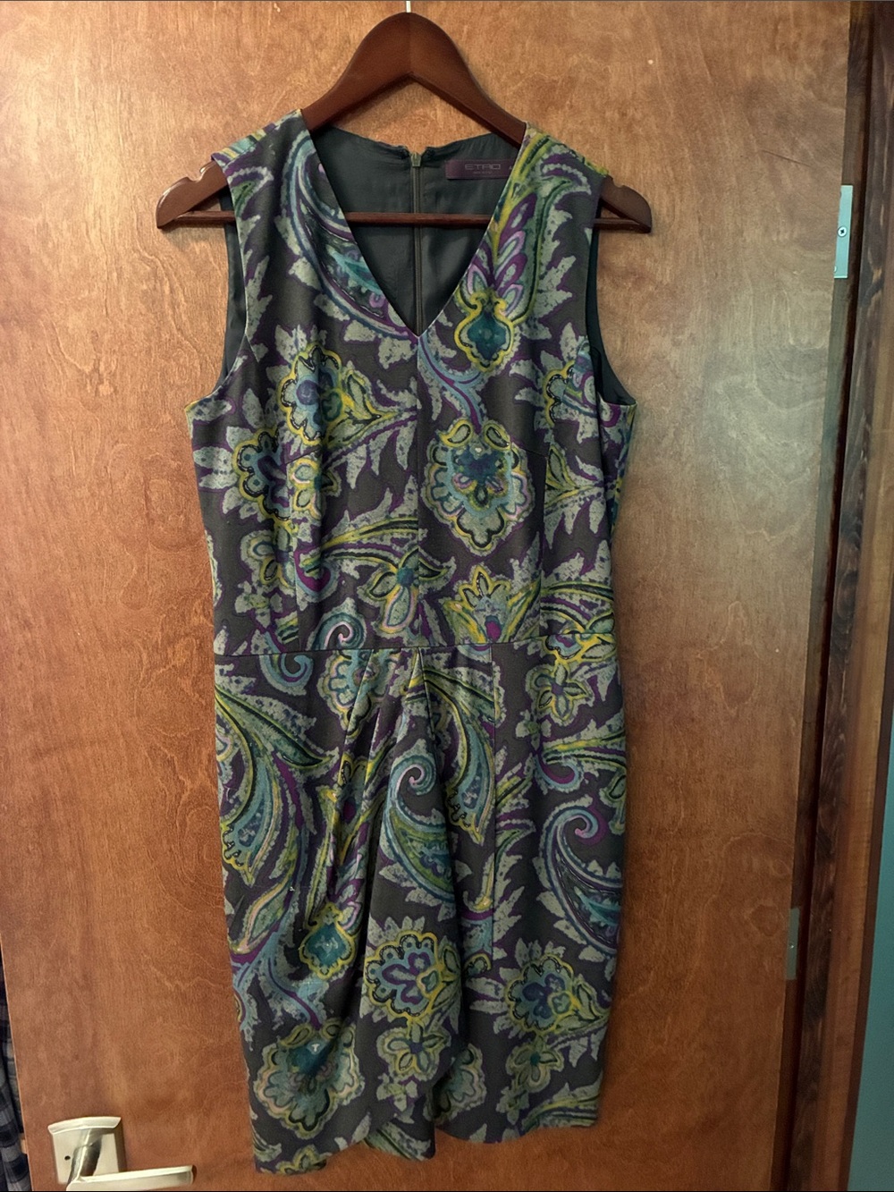Etro Sleeveless Paisley Sheath Dress in Olive, Green & Purple